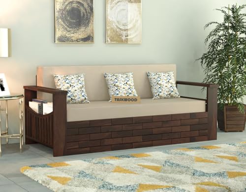 Image of Solid Sheesham Wooden Sofa Cums Bed with Mattresses for Living Room|Rosewood 3-Person Sofa Cums Bed for Bedroom Without Pillow (H-Walnut Finish)
