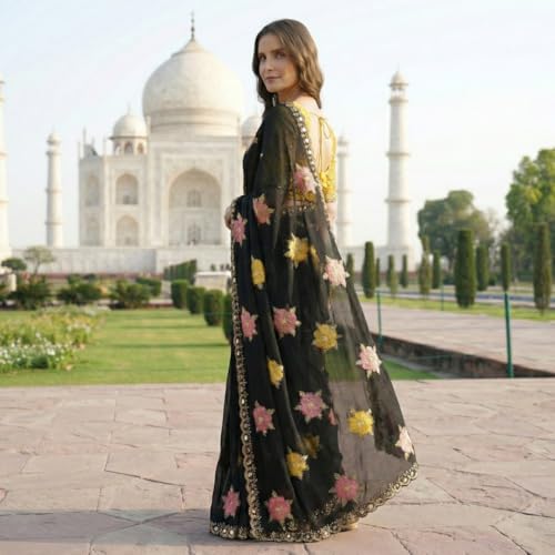 Image of Handcrafted Floral Embroidered Saree with Contrast Blouse