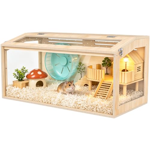 XiaZ Hamster Cage Chewproof,32Inch Large Hamster Cage with Panoramic View and Ventilated Top, Spacious Acrylic Glass Habitat for Syrian Dwarf Hamsters and Degus, Natural Wood Frame Enclosure
