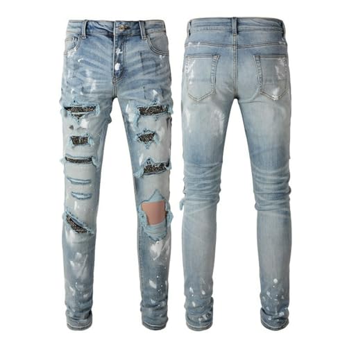 Jeans Pants Trousers Denim Men Street Trendy Piercing with Zircon Sequin Blue Hairy Personalized Spray Paint Stretch Slim Fit Small Foot Casual(Blue,29)3