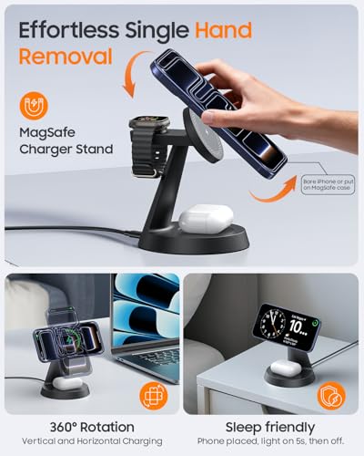 Image of Meifigno 3 in 1 Magnetic 15W Charging Station for Apple Multiple Devices | Wireless Charger Design for MagSafe, for iPhone 17-12 Series, Watch Charger Stand for Apple Watches & Airpods, with Adapter