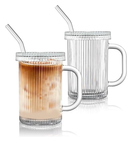 Aegistus Lot de 2 gobelets en verre côtelé de 400 ml avec couvercles et pailles, gobelets en verre côtelé avec poignées, réutilisables pour café glacé, smoothie, boissons, thé, boissons froides