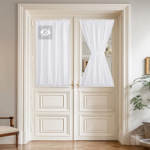 NICETOWN French Door Sheer Curtains, Light-Filtering Privacy Non See-Through Short Drapes with Tieback for Kitchen Window Front Door, Top and Bottom Rod Pocket Window Covering, White, W36 x