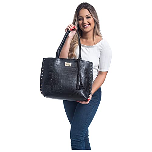 Kit Bolsa Sacola Feminina Grande + Necesser Lindas Dia Dia Willibags (Preta)