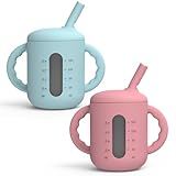 Seposeve 2 Pack Silicone Sippy Cups, Leak-Proof Baby Straw Cup for 6-12 Months, Spill Proof Toddler Cup with Straw 1-3 Years, with Capacity Marking, Non-slip Handle, Flow Control, 6 oz, Blue Purple