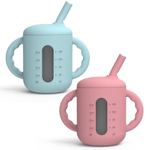 Image of Seposeve 2 Pack Silicone Sippy Cups, Leak-Proof Baby Straw Cup for 6-12 Months, Spill Proof Toddler Cup with Straw 1-3 Years, with Capacity Marking, Non-slip Handle, Flow Control, 6 oz, Blue Purple