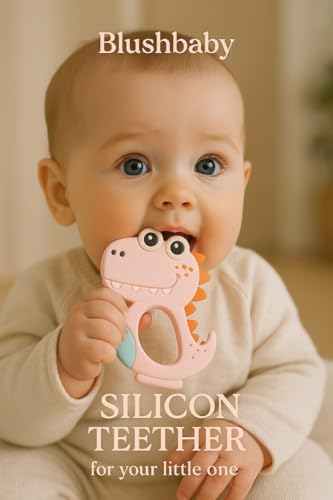 Image of Blushbaby Silicone Baby Teether for Babies 6-12 Months | Teething Gums Manhattan Rattle Toy with Loop Rings | 100% Food-Grade Silicone & BPA-Free | Dinosaur Teether for Infants & Toddlers (Pink)