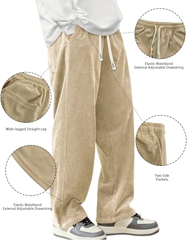 Image of Hidkat Mens Corduroy Casual Pants Fashion Loose Fit Wide Leg Pants Straight Sweatpants Elastic Waist Drawstring