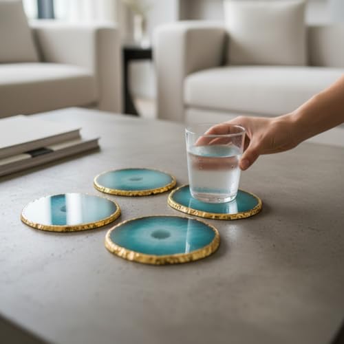 Image of Natural Agate Stone Tea Coasters Set | Premium Stone Coasters for Tea, Coffee & Glass | Heat Resistant Coasters for Dining Table, Office Desk & Home Decor | Pack of 4 | Color -Green