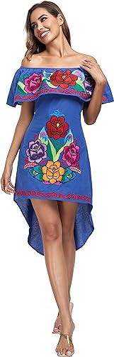 Image of YZXDORWJ Women's Mexican Asymmetrical Dress Embroidered Floral Off-Shoulder Cocktail Latina Fiesta Dress