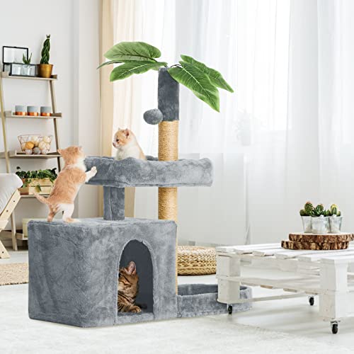 Image of 31.5inch Small Cat Tree Tower Condo for Indoor Cats, Soft Plush Multi-Level Climbing Tree Cat House with Cat Cave, Scratching Post, Sisal Rope, Grey