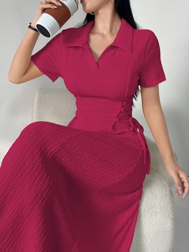 Image of Shasmi Women's Solid Color Applique Lace-Up Collared Short Sleeve, Side-Tie Waist Long Casual Maxi Women Dress Outfit Long Evening Midi Western Party Dress for Women (Dress 211)
