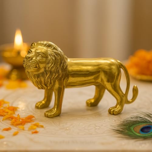 Image of Brass Lion Idol | 100% Pure Brass Vastu Remedy for Strength, Courage & Protection | Handcrafted Decorative Showpiece for Home & Office