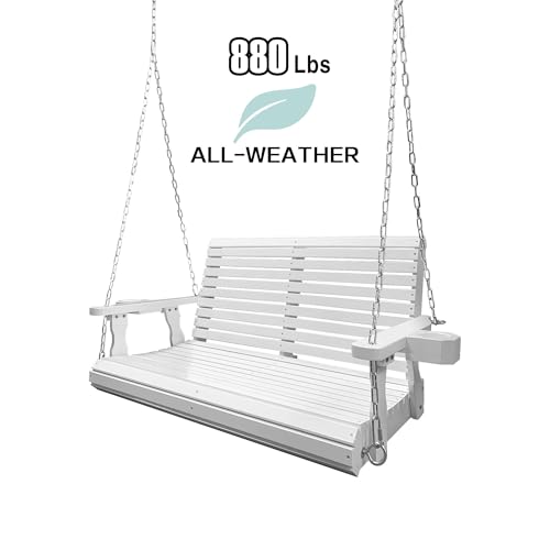Image of Wooden Porch Swing 2-Seater, Bench Swing with Cupholders, Hanging Chains and 7mm Springs, Heavy Duty 800 LBS, for Outdoor Patio Garden, Pure White, 4 FT Extra Large