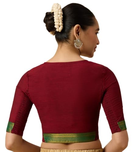 Image of Studio Shringaar Women's Handloom Cotton Stretchable (Smocked) Saree Blouse with Temple Zari Border