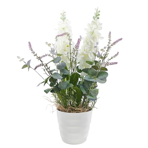 Image of KARP Artificial Potted Plants, 62Cm Height Faux Delphinium Flower Plant with White Pot Home Decor, Indoor Artificial Ornamental Plants for Living Room, Office Desk & Bathroom, Decorative