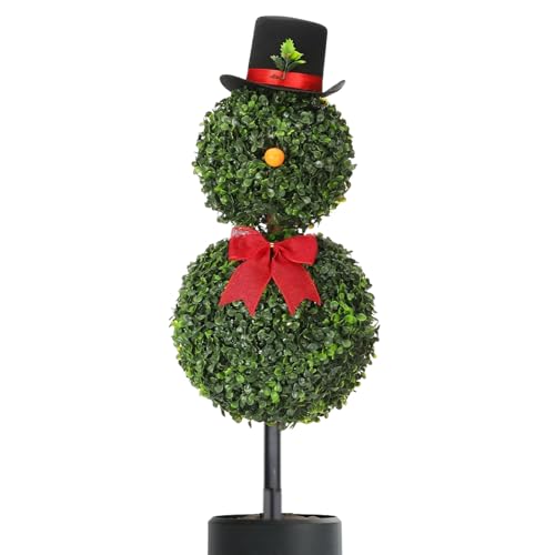 Yonuaret Albero di Natale Finto, 79 cm Albero Artificiale in Vaso con Decorazione a Rosso e Cappello, Decorazione Esterna con Pupazzo di Neve, per Portico Casa per le Feste Appartamento Giardino