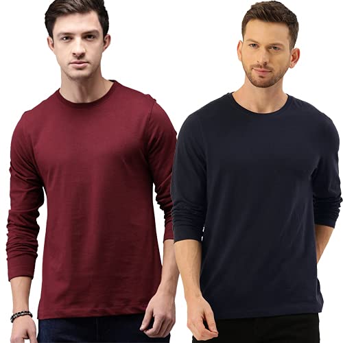 Image of Round Neck Full Sleeve Plain-Solid Regular Fit Casual Men's Multicolor T-Shirts (Pack of 2)