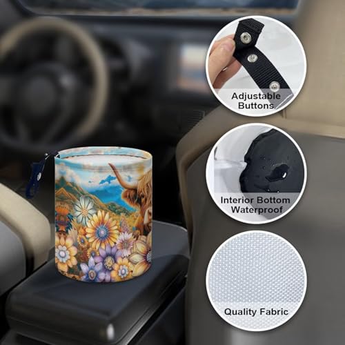 Image of Renewold Automotive Garbage Cans Multipurpose Trash Bin for Car Boho Flower Dahlia Highland Cow Car Trash Can Camping Beach Storage Bag Foldable Portable Automotive Interior Accessories Waterproof