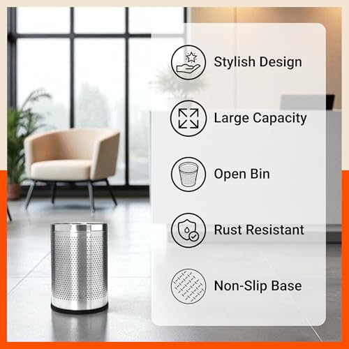 Image of Bathla Stainless Steel Perforated Open Dustbin - 5 Litres | Mesh Trash Can for Home, Office & Commercial Use | Durable, Rust-Resistant & Ventilated Waste Bin