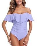 ZINPRETTY Womens Retro One Piece Bathing Suit Tummy Control Off Shoulder Swimsuit Flounce Ruffled Monokini Full Coverage