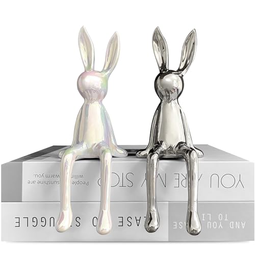 Figuras Decorativas de Conejo Cerámico Plateado y Blanco miniatura 1
