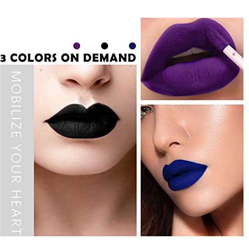 Newbang 3Pcs Dark Black Blue Purple Lipstick And Lipliner,Matte Liquid Lipstick Set,Black Lip Stain Lip Gloss And Lip Liner Waterproof Longlasting Lip Halloween Christmas Makeup #TOP5