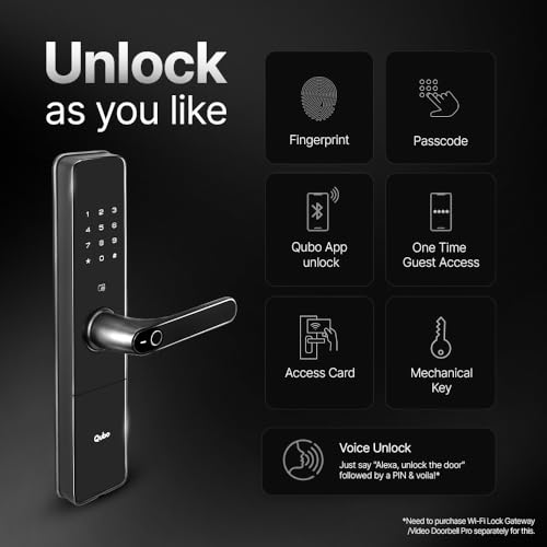 Image of Qubo Smart Door Lock Ultra from Hero Group | Remote App Unlock | 5 Bolts | Tamper Alerts | 7-Way Unlocking | Fingerprint| PIN | OTP | RFID Card | Key | 3-Year WarrantyI Black