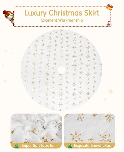 Christmas Tree Skirt, Soqool Gold Sequin Snowflake Large 48 Inch Faux Fur Plush Artificial Xmas Tree Skirt Holiday Christmas Party Decorations Xmas Tree Skirts Base Mat Thick Velvet Rugs Home Decor - Thumbnail 3