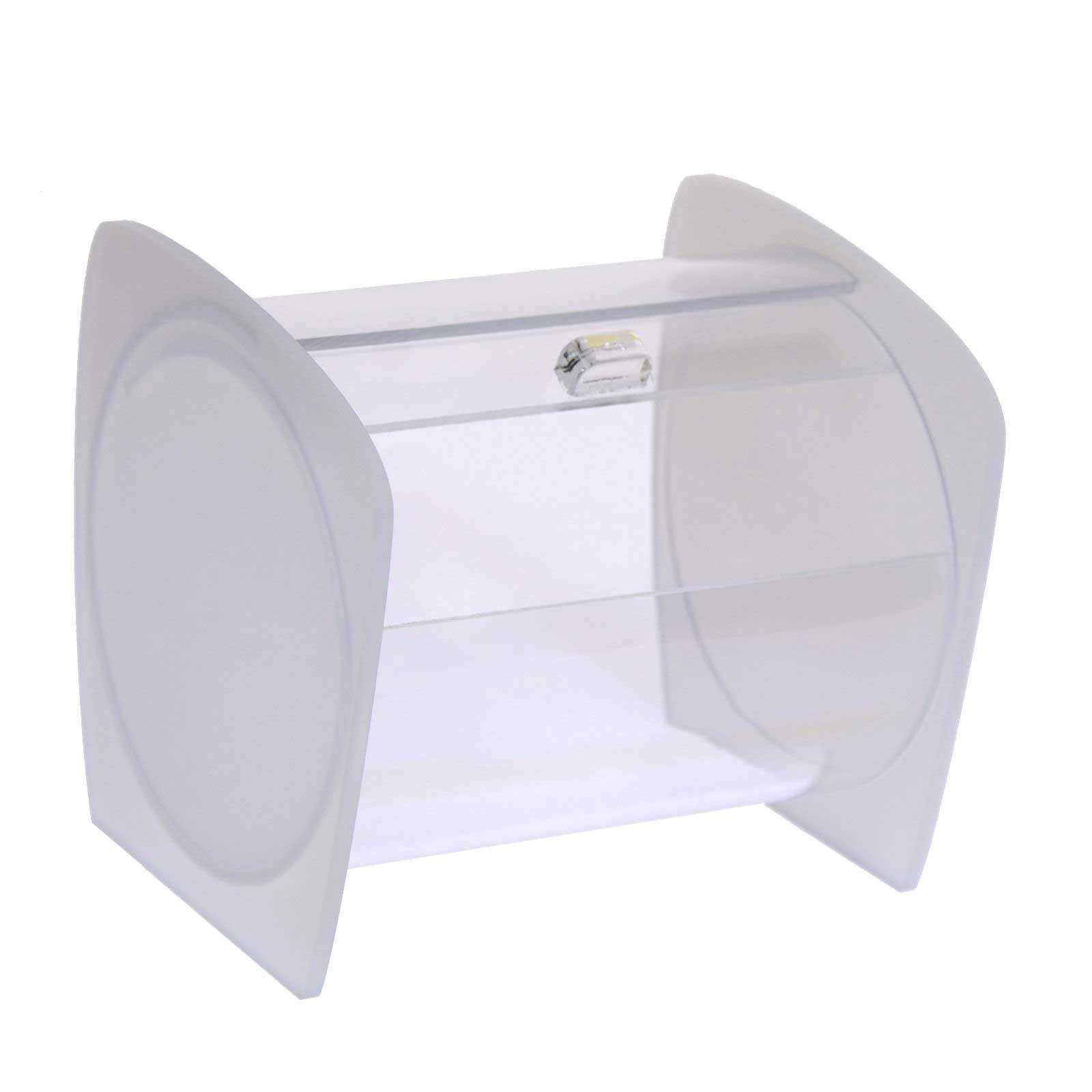 Portacaramelle confezionate sezione circolare in plexiglass trasparente e con pannelli laterali in plexiglass satinato - Misure totali: L 15 x P 14 x H 14 cm