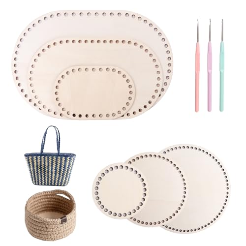 NICKLIN 9Pcs Natural Wooden Basket Bottom Set,Crocheting Oval Flat Round Circle Blank Crochet Basket Base,Wood Baskets for DIY Chirstmas Baskets Weaving Crochet Supplies 10/15/20/30cm