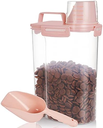 Kytely Upgraded Airtight Pet Food Storage Container, Small Dog Food Container with Measuring Cup, Cat Food Container with Pour Spout, 4 Seal Buckles Food Dispenser for Regular Food, Dogs, Cats, Birds (Pink)