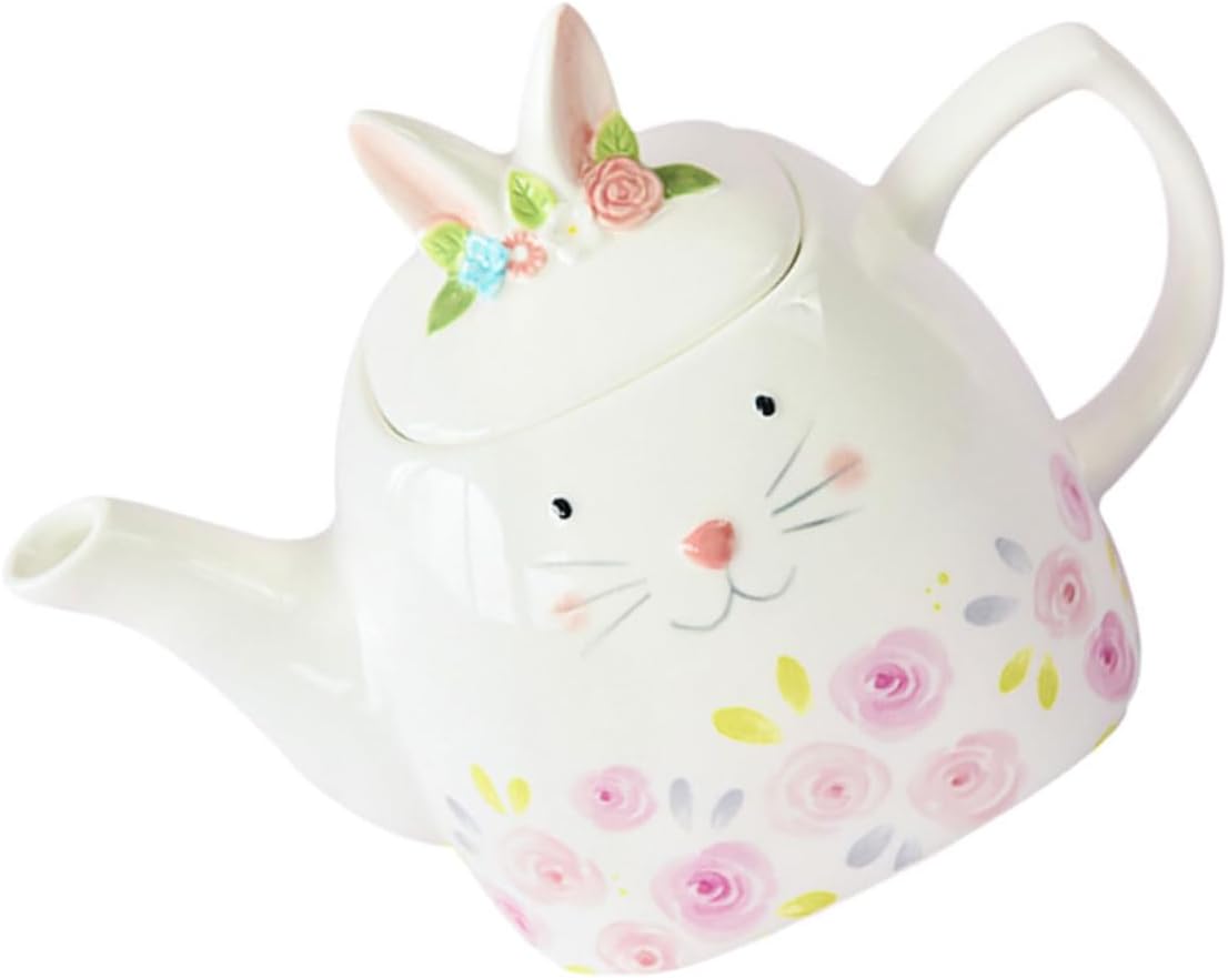 Ceramic Teapot Easter Bunny Flower Embossed Heat-resistant Tea Holder for Adults Spring Tea Pot Coffee Server