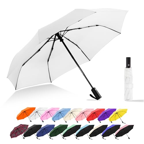 RusuiQinsan Travel Umbrella Compact Mini - Windproof Automatic Travel Size Foldable for Backpack or Purse Lightweight Outdoor Rain Gear(White)