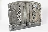SEZAM doppelte Räucherofentür aus Gusseisen mit Thermometer 500 °C, mit Türriegel, halbrund, Tür für Smoker - Ofentür - Steinofentür, 41 x 4 x 55 cm, altsilberfarben bemalt