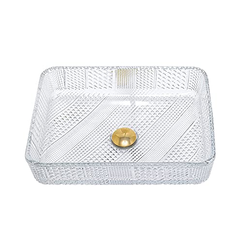Lavabo Salle De Bain, Vasque Salle De Bain Évier En Verre Cristal Clair, Vasque À Poser Salle De Bain Rectangulaire Avec Bonde De Lavabo Pop Up Et Accessoires, 46X33X11CM