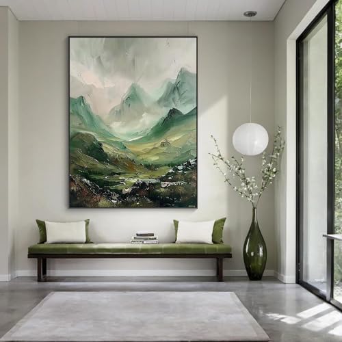 Tableau texturé vert montagne grand format 50x70 pour salon épuré
