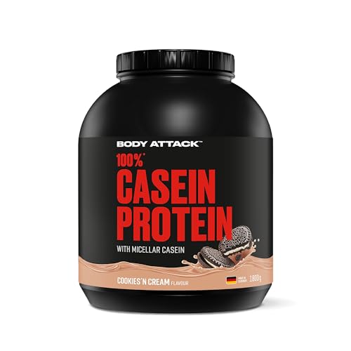 Body Attack 100% Casein Protein - Cookies n Cream, 1,8 kg Eiweißpulver - reich an essentiellen Aminosäuren - Muskelaufbau und Erhalt, Low Sugar - für Sportler, Athleten & Figurbewusste