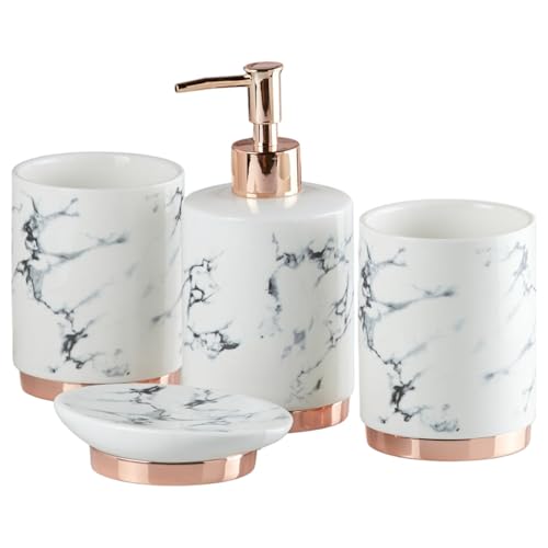 Image of SaSaSa Ceramic Bathroom Accessories Set of 4 Modern Bath Set with Soap Dispenser & Toothbrush Holder, Luxury Home & Gift Idea, White /Gold (9600)