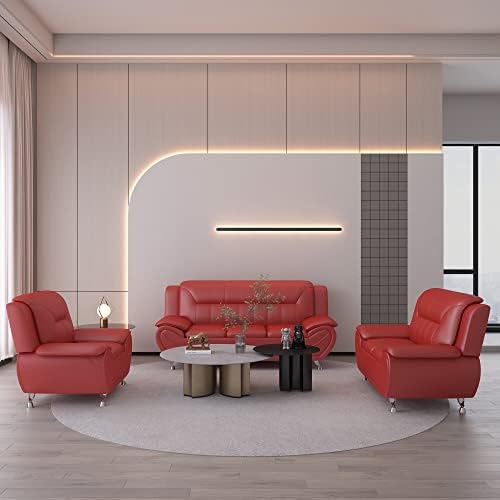 Container Furniture Direct Michael Modern Faux Leather Upholstered Stainless Steel Legs Living Room, Chair, Loveseat, Sofa, Red