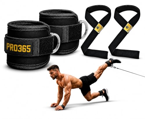 Image of PRO365 Ankle Straps & Lifting Straps Combo for Cable Machine | Gym Ankle Cuffs for Glute Kickbacks, Leg Workouts & Hip Training | Weight Lifting Wrist Straps for Deadlifts, Pull-Ups & Strength Training (Black, Pack of 4)
