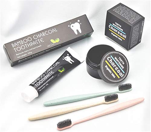 Activated Charcoal Teeth Whitening Bundle: Bamboo Charcoal Toothpaste + Activated Coconut Shells Charcoal Powder + 3 Wheat Straw Toothbrushes| Natural Way To Whiten and Clean Your Teeth.