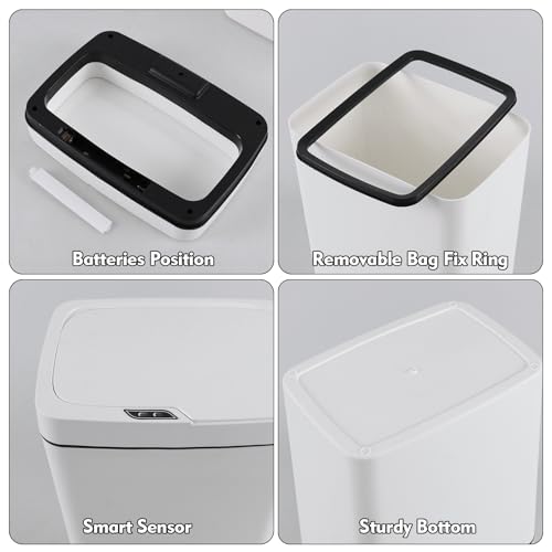 Image of Yuright Automatic Touchless Motion Sensor Kitchen Trash Can, 15 L Plastic Garbage Can with Lid, White