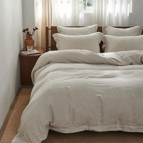 Simple&Opulence 100% Washed Linen Duvet Cover with Embroidered 3 Pieces Soft Farmhouse Comforter Set with Button Closure 1 Duvet Cover and 2 Pillowshams (California King Natural Linen)