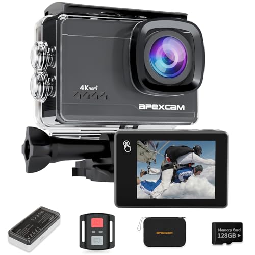 Apexcam M90 mit 128G Karte Action Cam 4K60FPS 64MP WLAN EIS Bildstabilisierung Sportkamera mit Touchscreeen Unterwasserkamera 40m Wasserdicht 8X Zoom 2.4G Fernbedienung 2x1350mAh Akkus mit Zubehör-Set