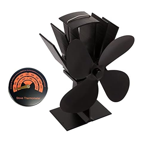 MOCNT 4 Blade Stove Fan Wood Stove Fan Heat Powered Wood Burner Fans Log Burner Fan Wood Burning Fireplace Fan Chimney Fan Efficient Heat Circulation with Stove Thermometer Cover