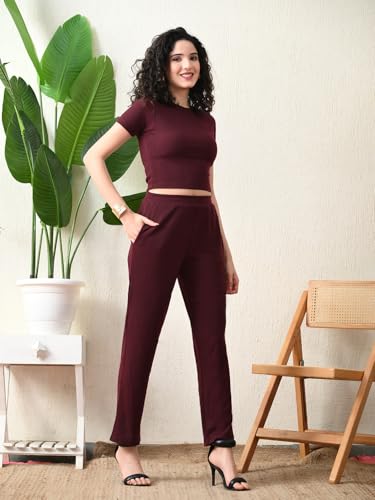 Image of Maroon Ribbed Co-ord Set | Round Neck Crop Top with High Waist Pant