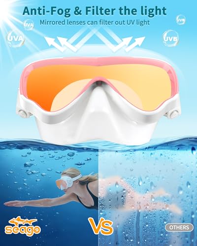 Image of Seago Adult Swim Goggles Mask Mirrored Tempered Lens, Anti UV /Fog No Blurring Clear Wide View with Nose Cover for Men Women