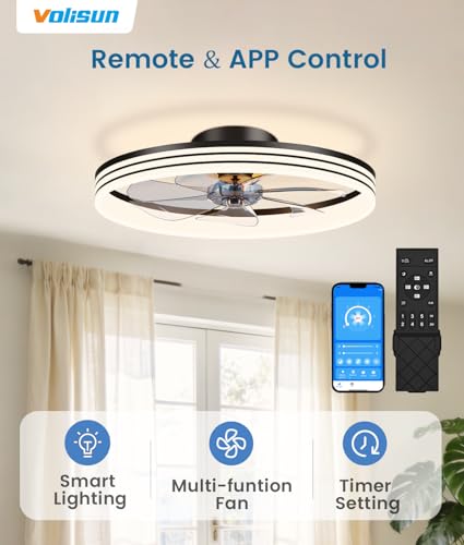 VOLISUN Low Profile Ceiling Fans with Lights and Remote, No Assembly, 20in Flush Mount Ceiling Fan with Light, 3000K-6500K Dimmable Fandelier LED Fan Light, White Bladeless Ceiling Fans for Bedroom - image 3
