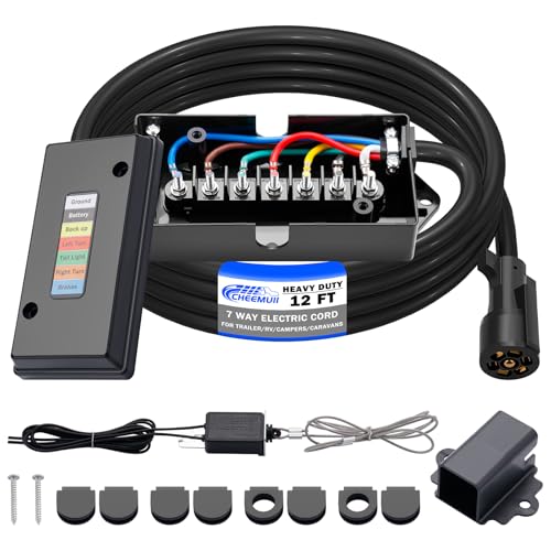 Image of CheeMuii 12 FT 7 Way Trailer Wiring Harness Kit with 12V Breakaway Switch Heavy Duty 7 Way Trailer Cord with 7 Pin Trailer Plug and 7 Gang Trailer Junction Box